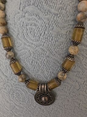 Green Beaded Necklace with Silver-Tone Pendant